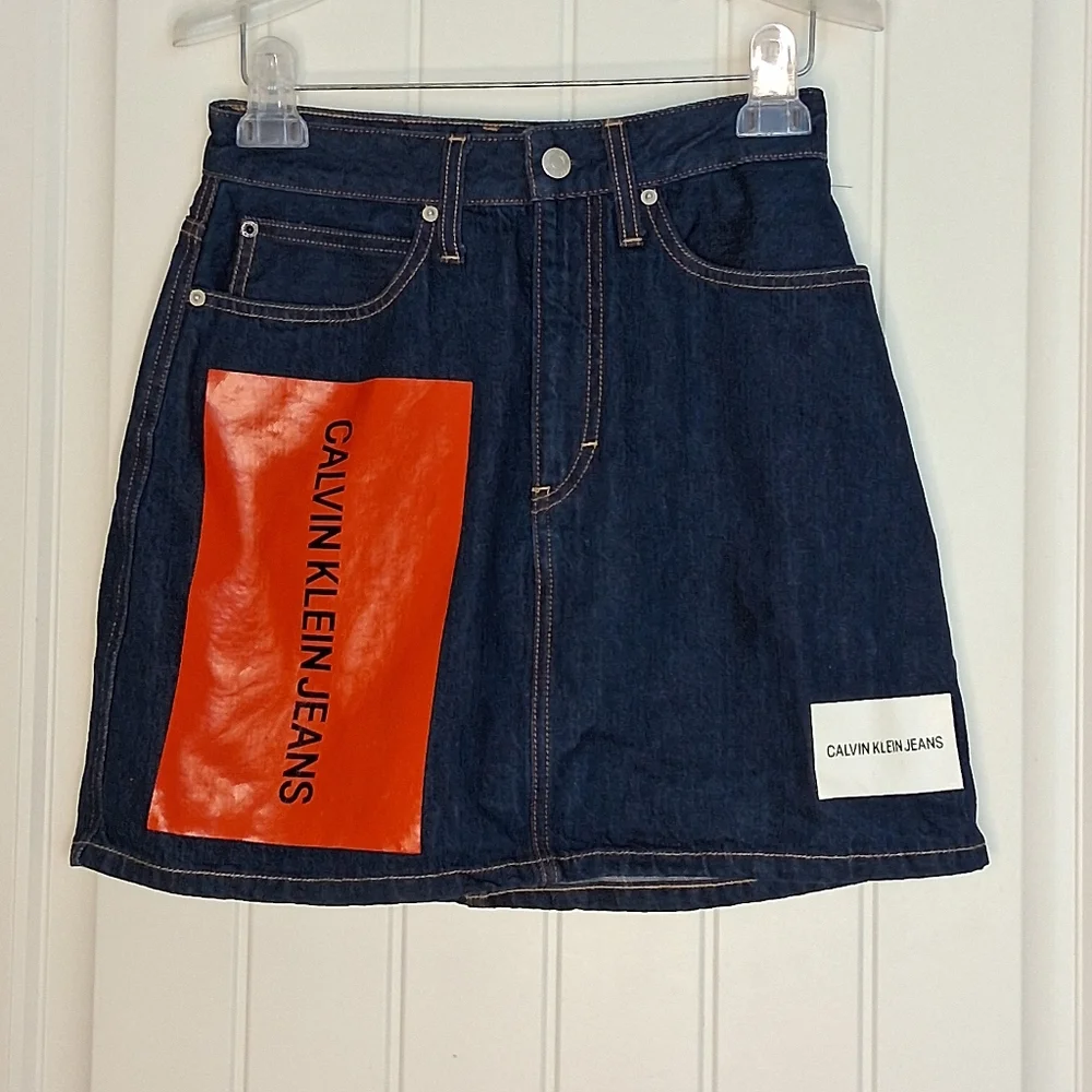 Calvin Klein Logo Block Color Block Stretch Denim Mini Skirt Women's Sz 27
